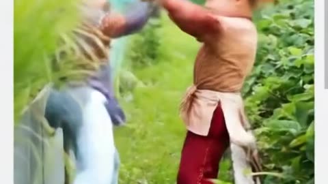 Boy fighting with hen