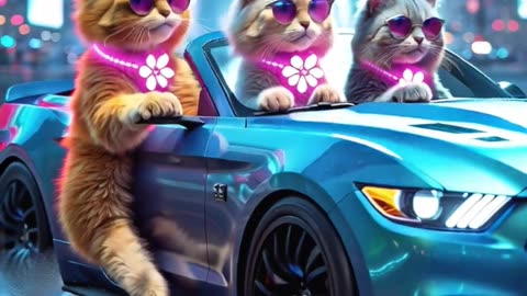 🌈 Rainbow Cats Speed Through the Coast in a Mustang Shelby! 😺