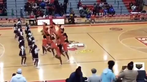 A diverse brawl breaks out during halftime at a high school basketball game..