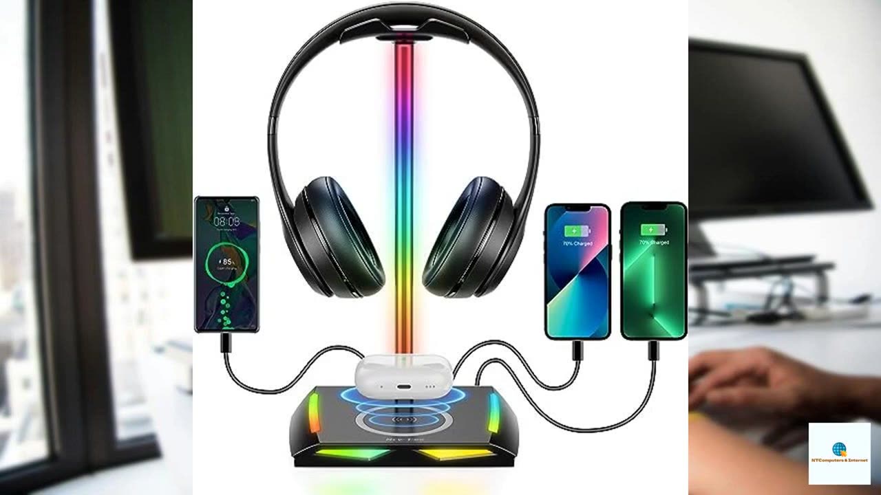 New bee RGB Headphone Stand with 2 USB-C & 1 USB Charging Ports, Desk Gaming Headset Holde