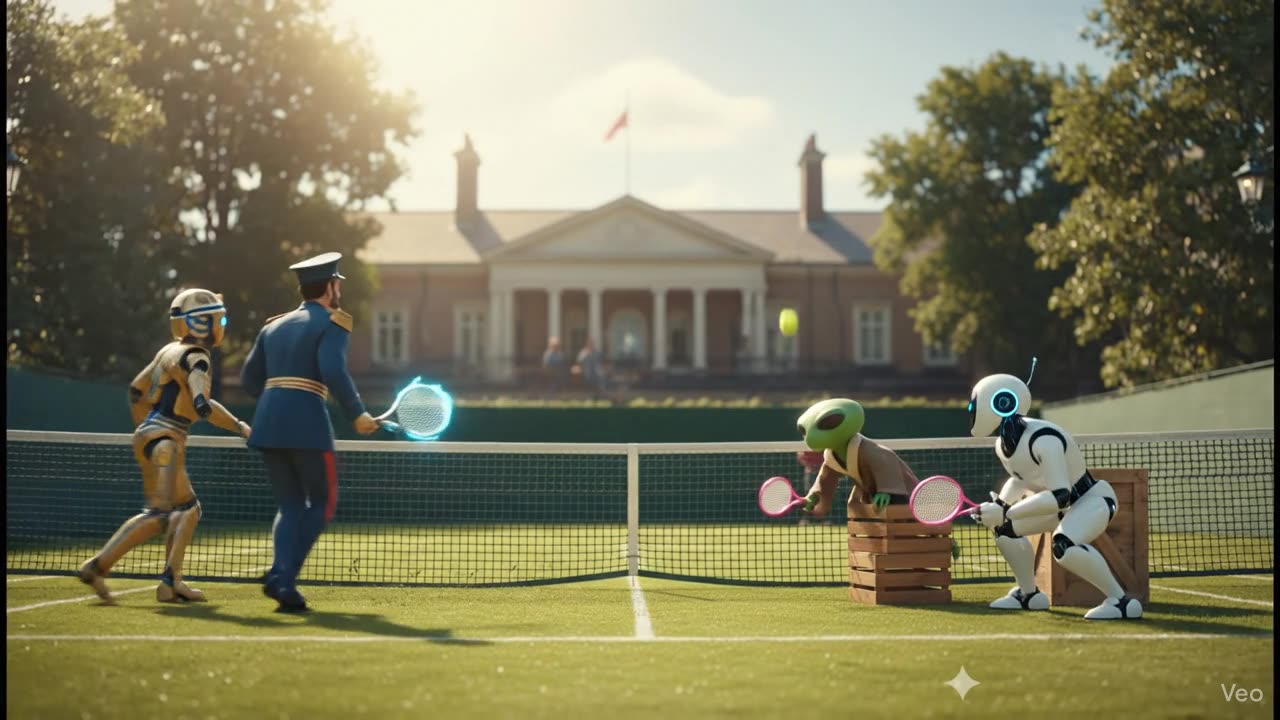 Tennis match: Baby Yoda, Ottoman soldier, android robot, mummy