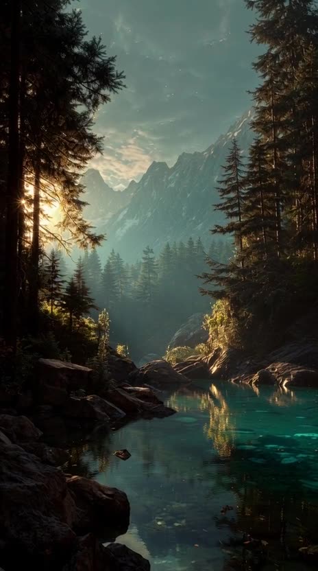 Create a video of sunset light, epic lake and forest, massive mountains can be seen through