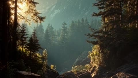 Create a video of sunset light, epic lake and forest, massive mountains can be seen through