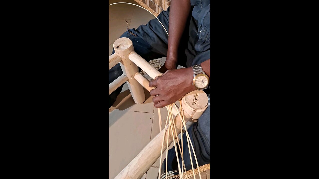 Rattan Weaving On An Oak Bench