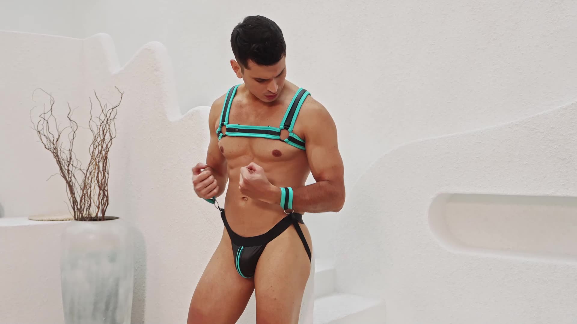 Blue Men Sexy PU Leather Harness Zipper Underwear Set