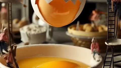 Miniature people of people are making a giant egg