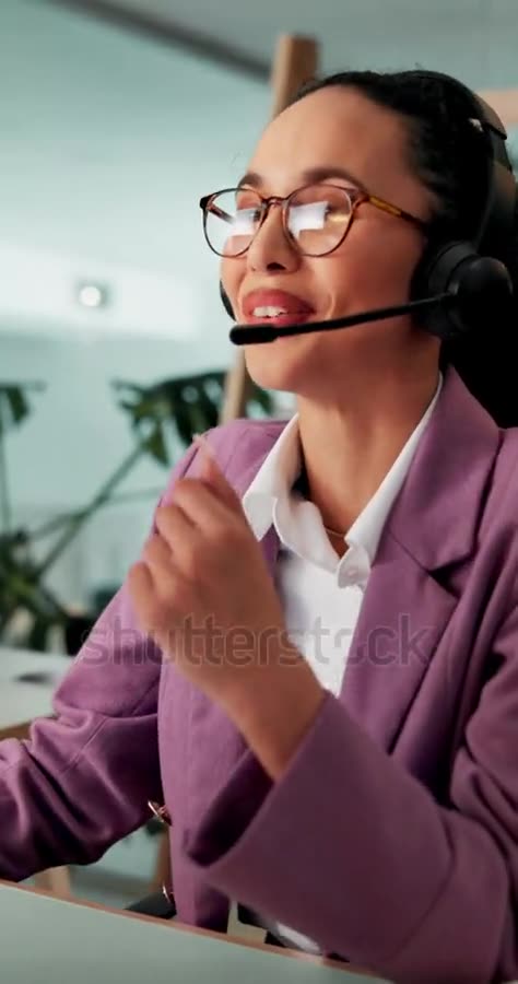 Happy woman, agent or talking with headset for online.