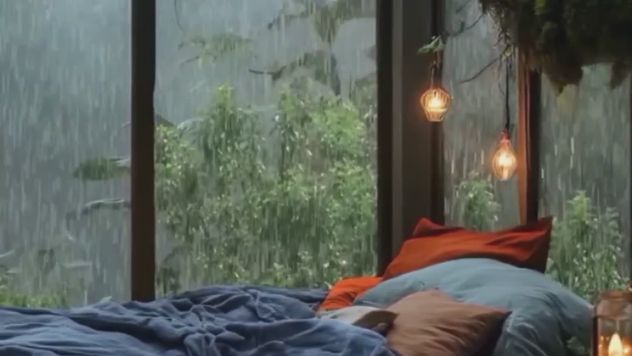 Candlelit Bedroom Oasis Amidst Lush Rainforest Greenery.