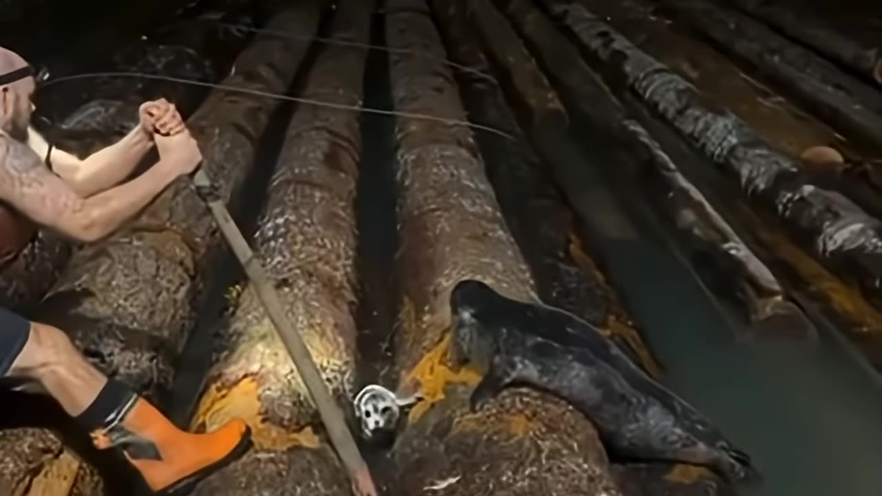 Terrified seal pup rescued from logs after men and mother seal join forces