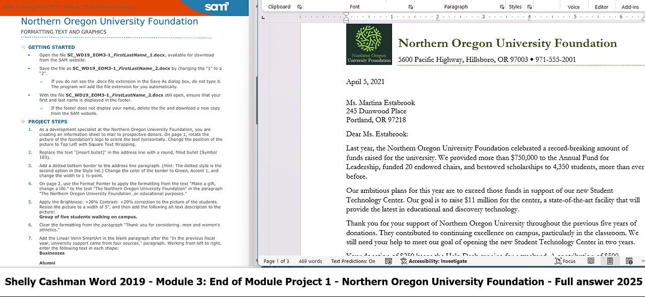 Shelly Cashman Word 2019 Module 3: End of Module Project 1 Northern Oregon University Foundation