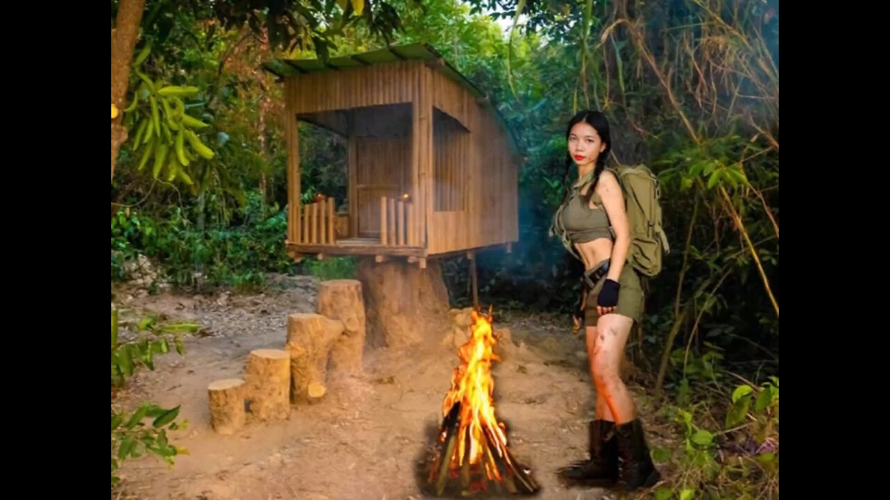 She is making a little Tree House for Survival in wilderness while She is all alone
