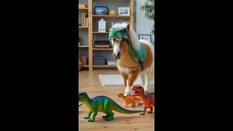 Shetland pony in T-Rex costume charges toy dinosaurs.