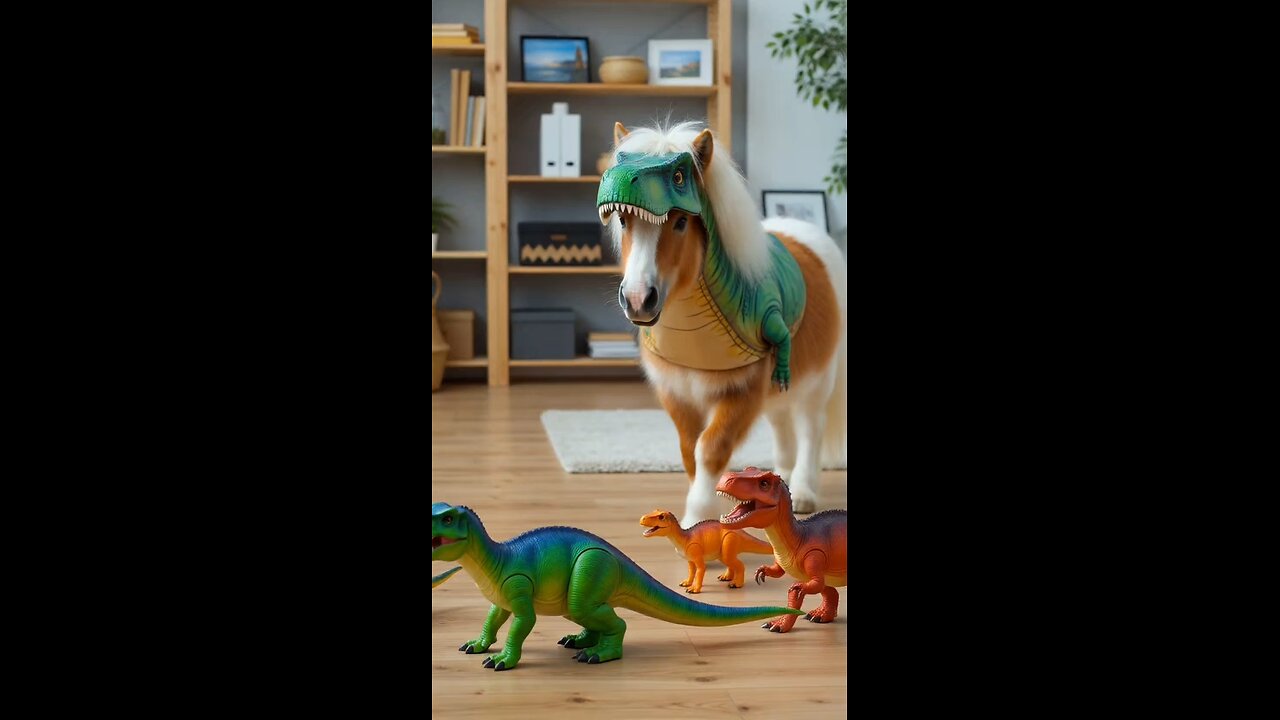 Shetland pony in T-Rex costume charges toy dinosaurs.