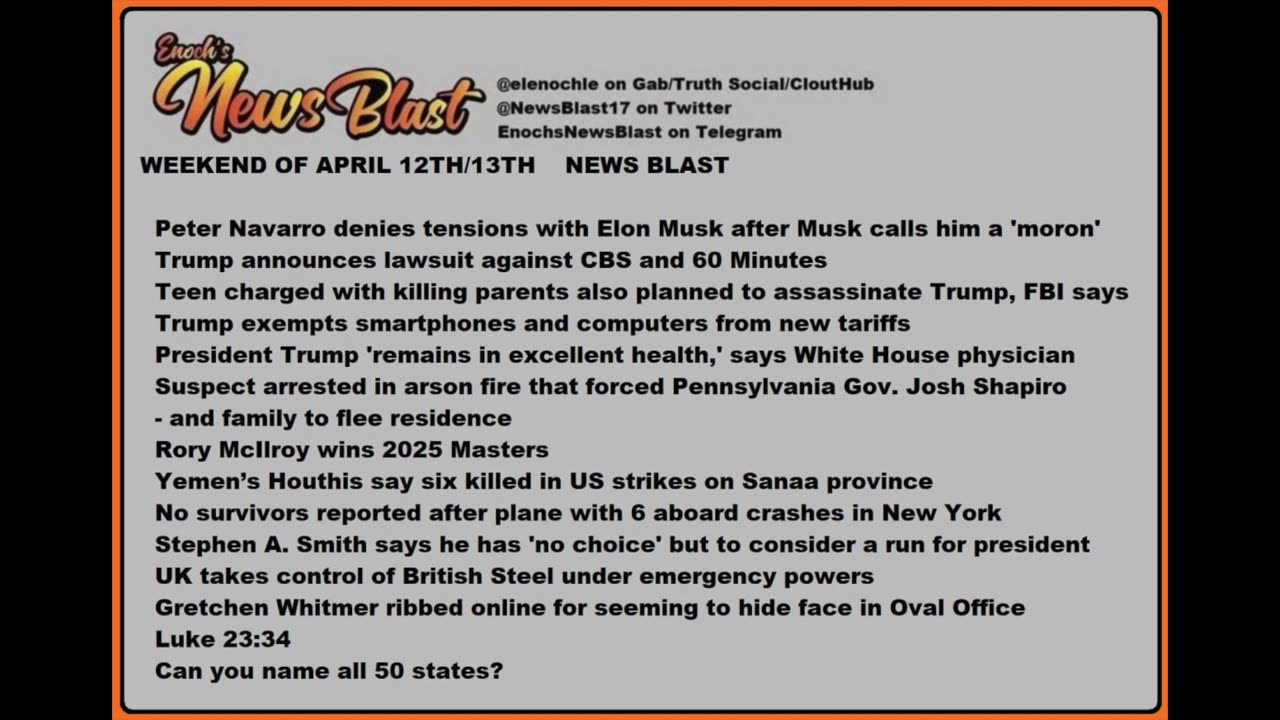 Weekend of April 12/13, 2025. News Blast