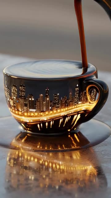 Macro close‑up (100mm, f/2.8) coffee cup tipping over on a café table