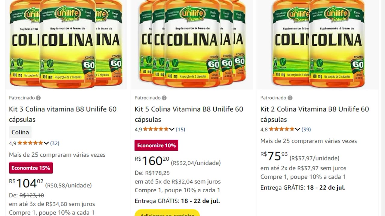 Kit 3 Colina vitamina B8 Unilife 60 cápsulas