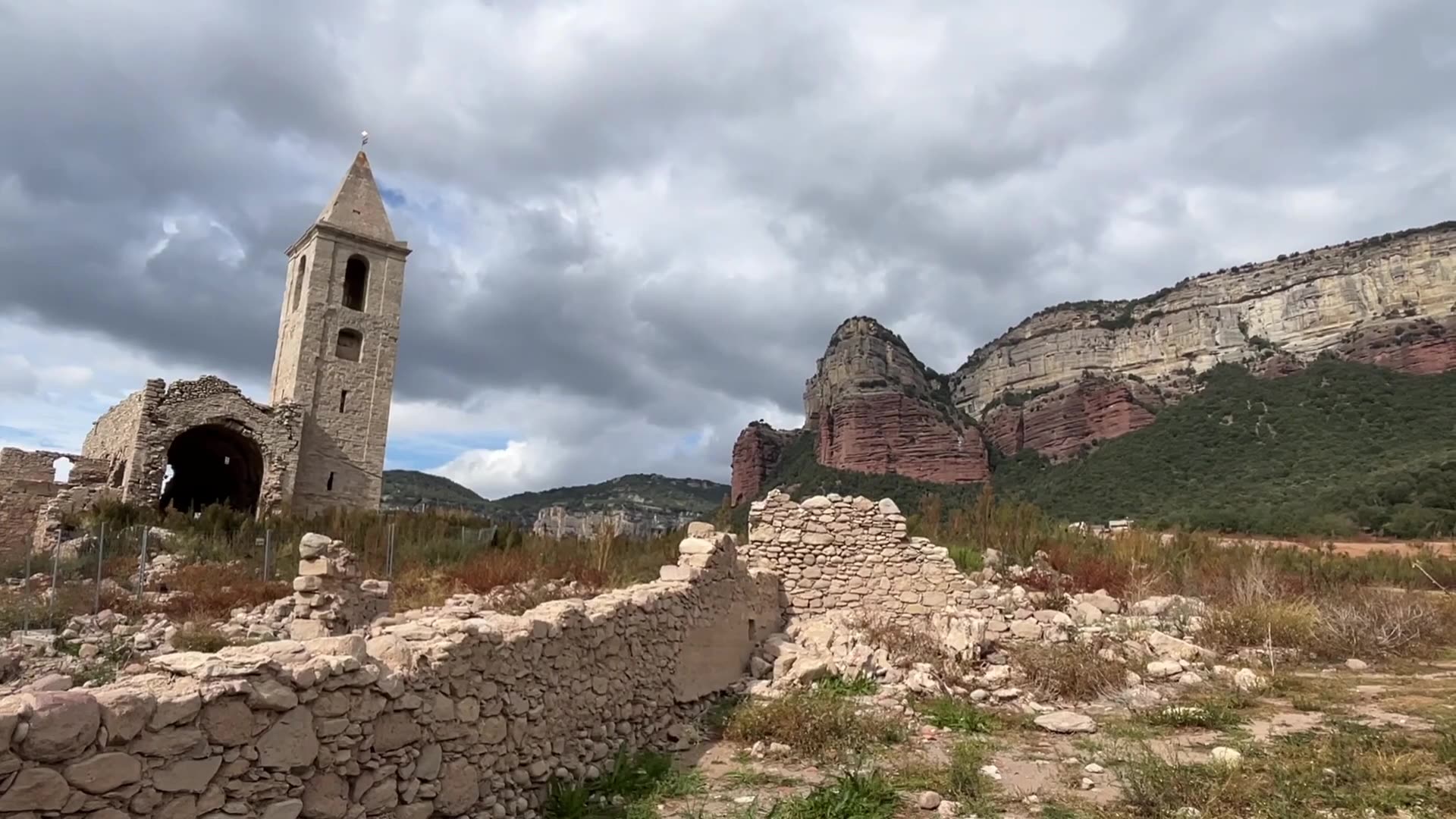 Exploring the Ruins of Sau Reservoir. Catalonia, Spain.