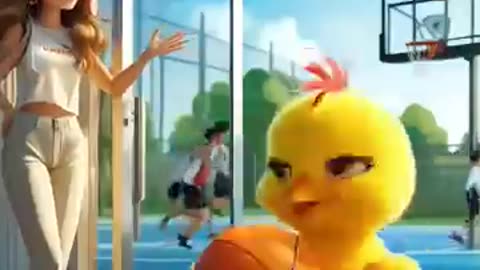 The little chick goes out to play basketball