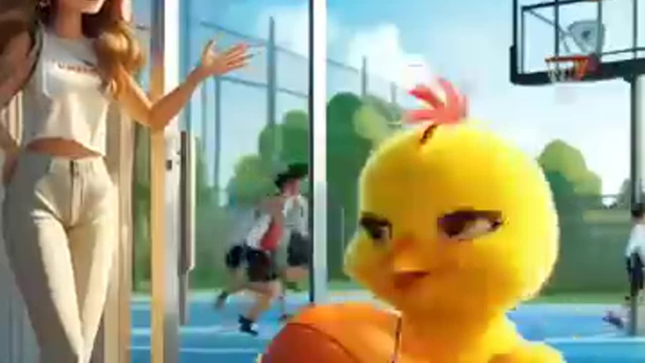 The little chick goes out to play basketball