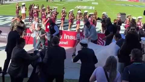 Parachutist gets caught on the field goal netting cable, falls 35 feet