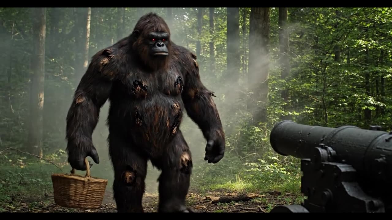 bigfoot finds a cannon in the woods