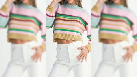 Multicolour Striped Knit Ribbed Trim Boxy Fit Cropped Sweater