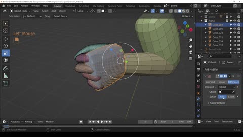 Modificador boolean para unir dedos y manos