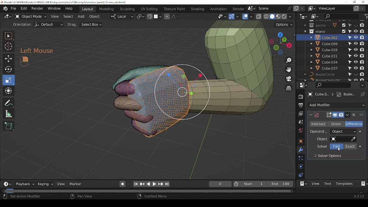 Modificador boolean para unir dedos y manos