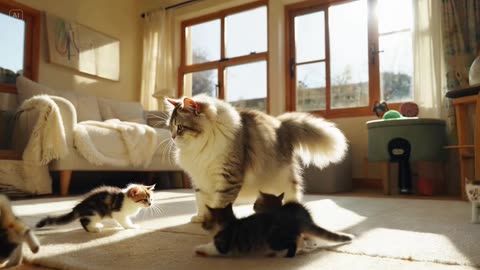 Adorable Cat Playing with Kittens
