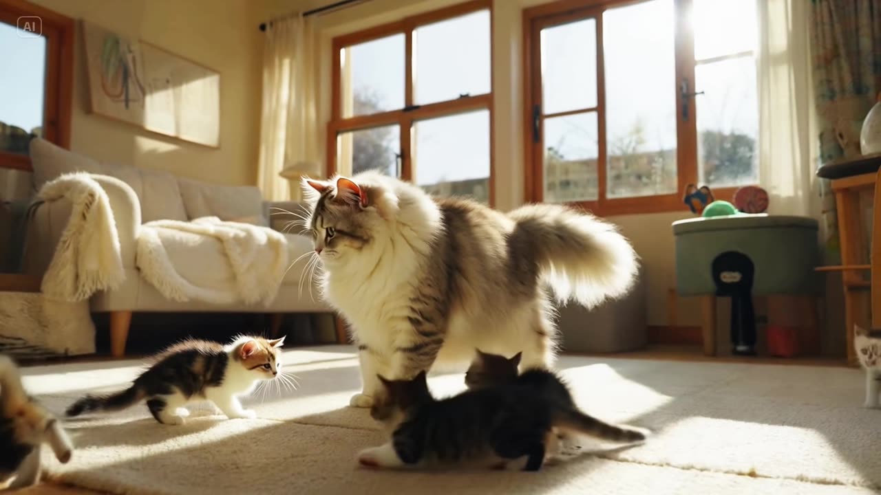 Adorable Cat Playing with Kittens