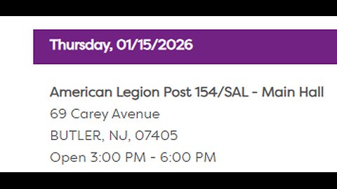 Blood Drive 01/15/2026 American Legion Post 154 69 Carey Avenue BUTLER, NJ, 07405 3:00 - 6:00 PM