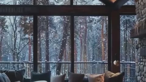 Warm Living Space with Snowy Views