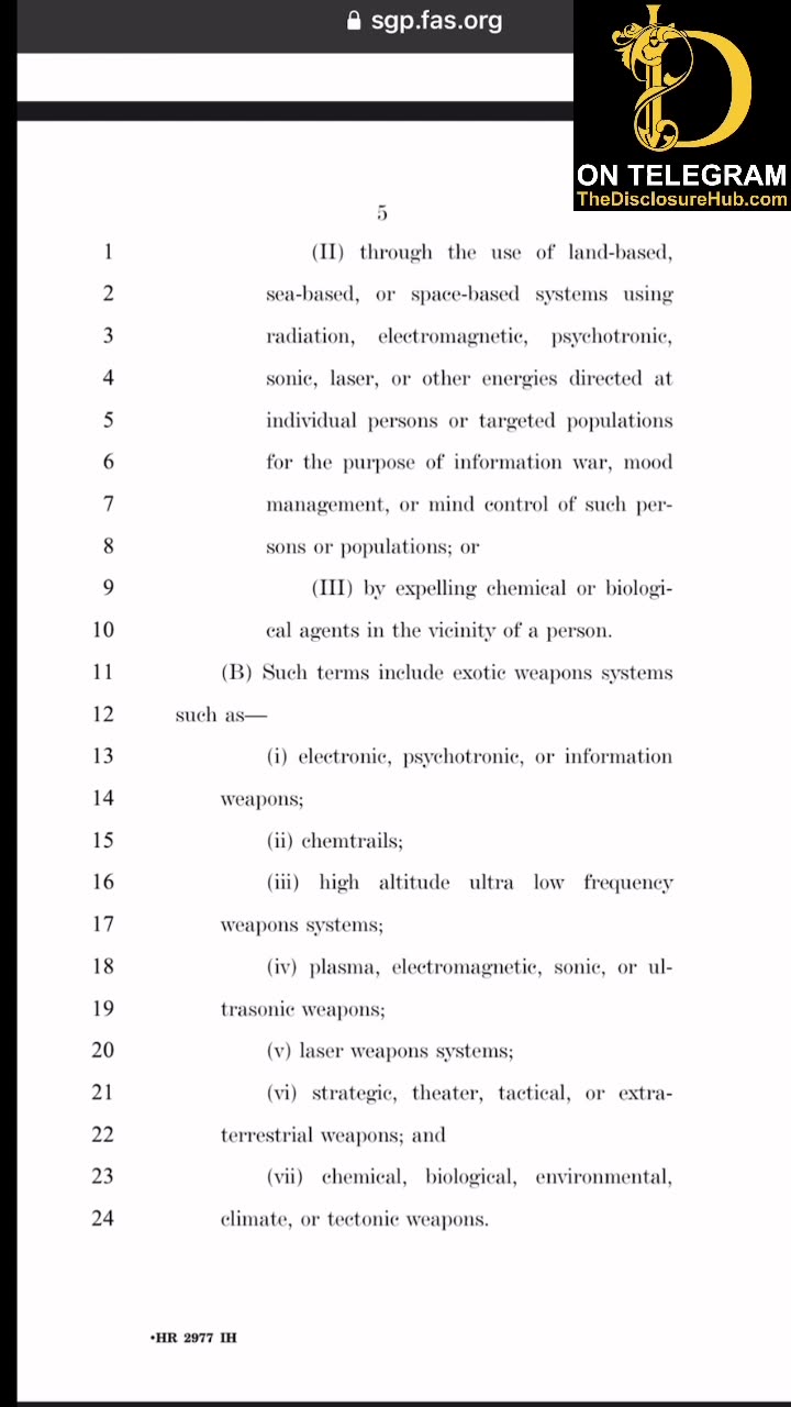 2001 HR2977 referred to CHEMTRAILS as an exotic weapon…Also referred to much more like weather control