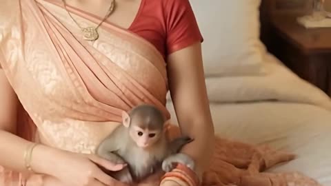 Beautiful indian lady playing with her cute baby monkey - FunkyPets4u