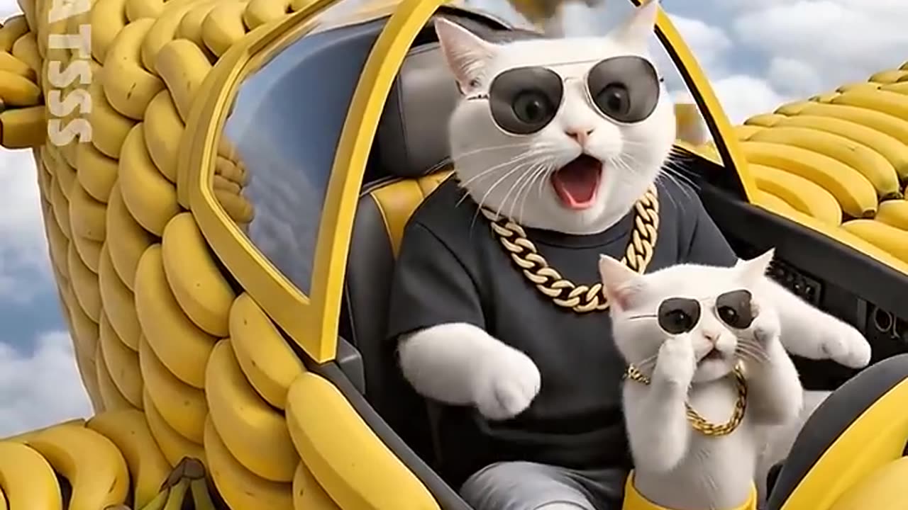 The cat on the banana plane destroyed the apple tank built by the poor dog and his puppy