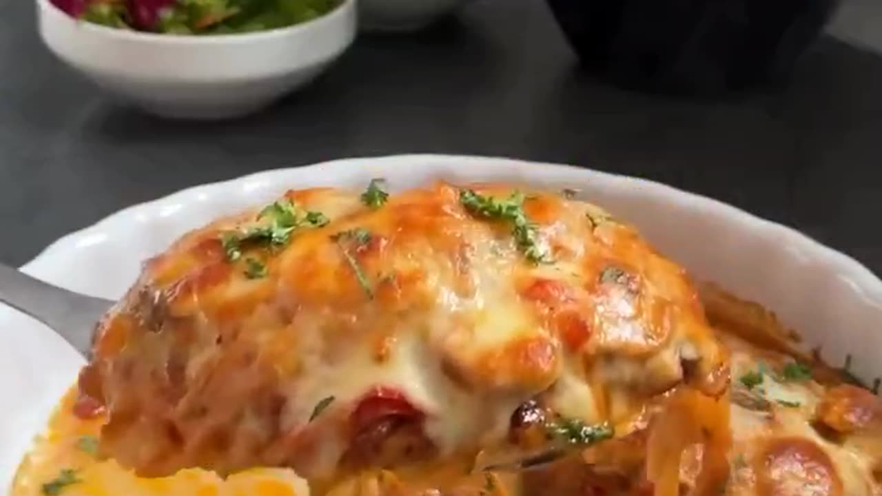 How to make chicken breast steak delicious, baked with mushroom and cheese on top