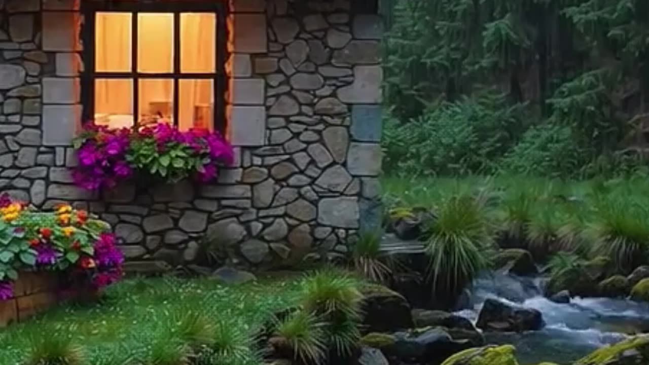 Rustic Stone Cabin in Rainy Forest.