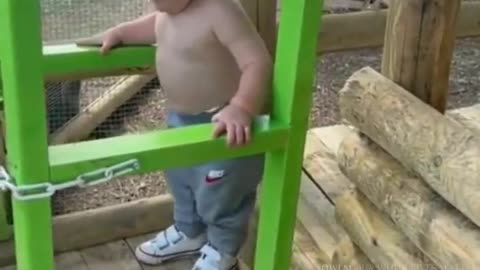 This Dad built his son a playhouse with an elevator and the baby's reaction is pure joy.