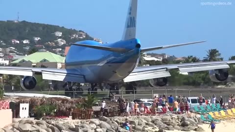 Taxiing and takeoff of a Boeing 747 of KLM airline on the Caribbean island of Saint Martin