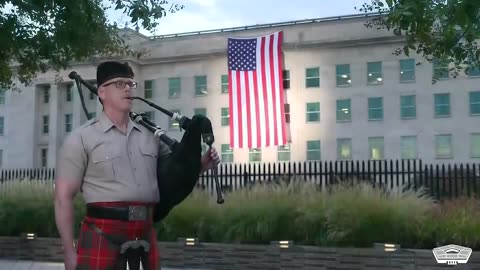 Pentagon 9/11 Commemoration Ceremony: Bagpipes and Our Flag on west face