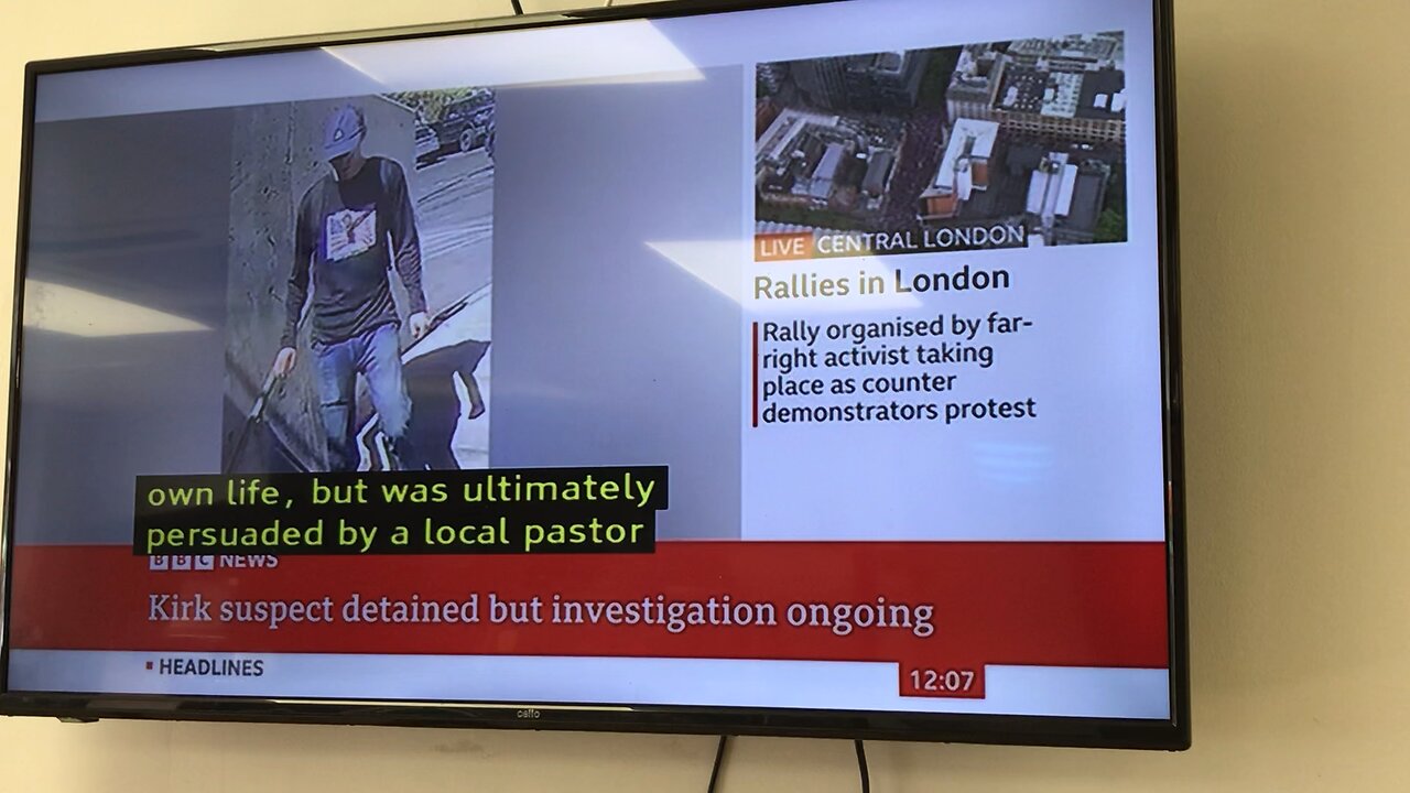 BBC news : Charlies Kirk killer caught :Tyler Robinson 13/09/2025, rally in London Tommy Robinson