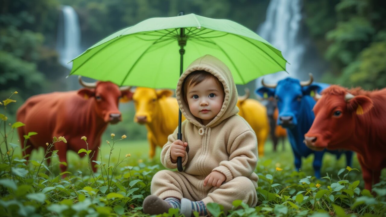 Little Farmer: Playing with Colorful Calves by the Falls! 🌊🐮😊