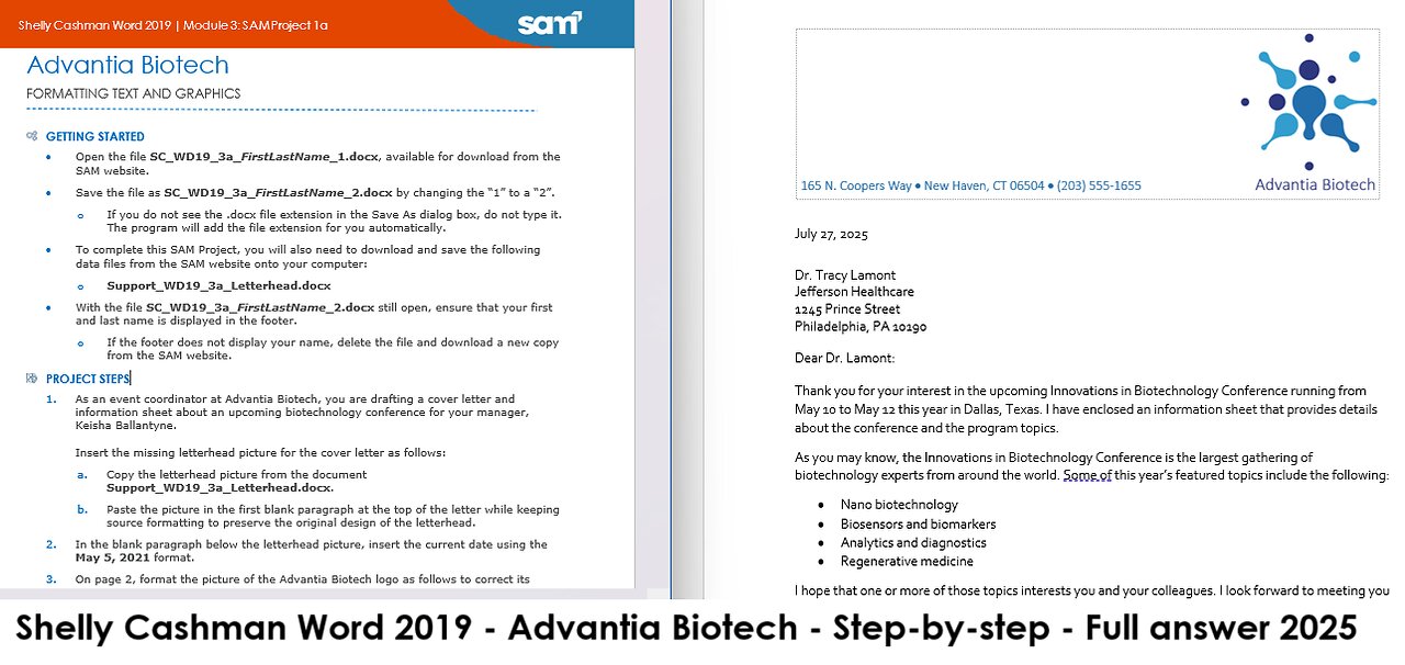 Shelly Cashman Word 2019 | Module 3: SAM Project 1a | Advantia Biotech (Update in 2025)
