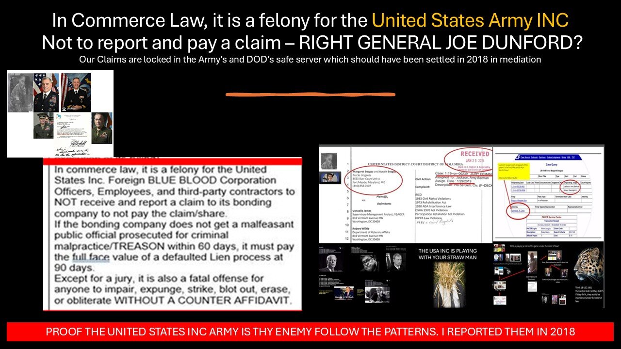 IN Commerce law, IT IS A FELONY FOR THE USA ARMY INC TO NOT RECEIVE AND REPORT A CLAIM.
