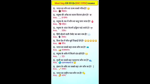 Most Imp GK GS Qs (SSC/UPSC) examsQ..।Q.. मनुष्य की आँख का वजन कितना होता है? since questions 🤔🤔