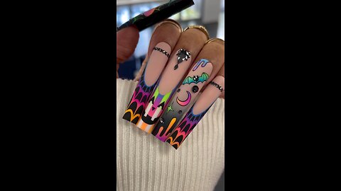 Multicoloured Sun, Moon & Stars Nail Art on Long Square Nails 🌞🌙⭐️