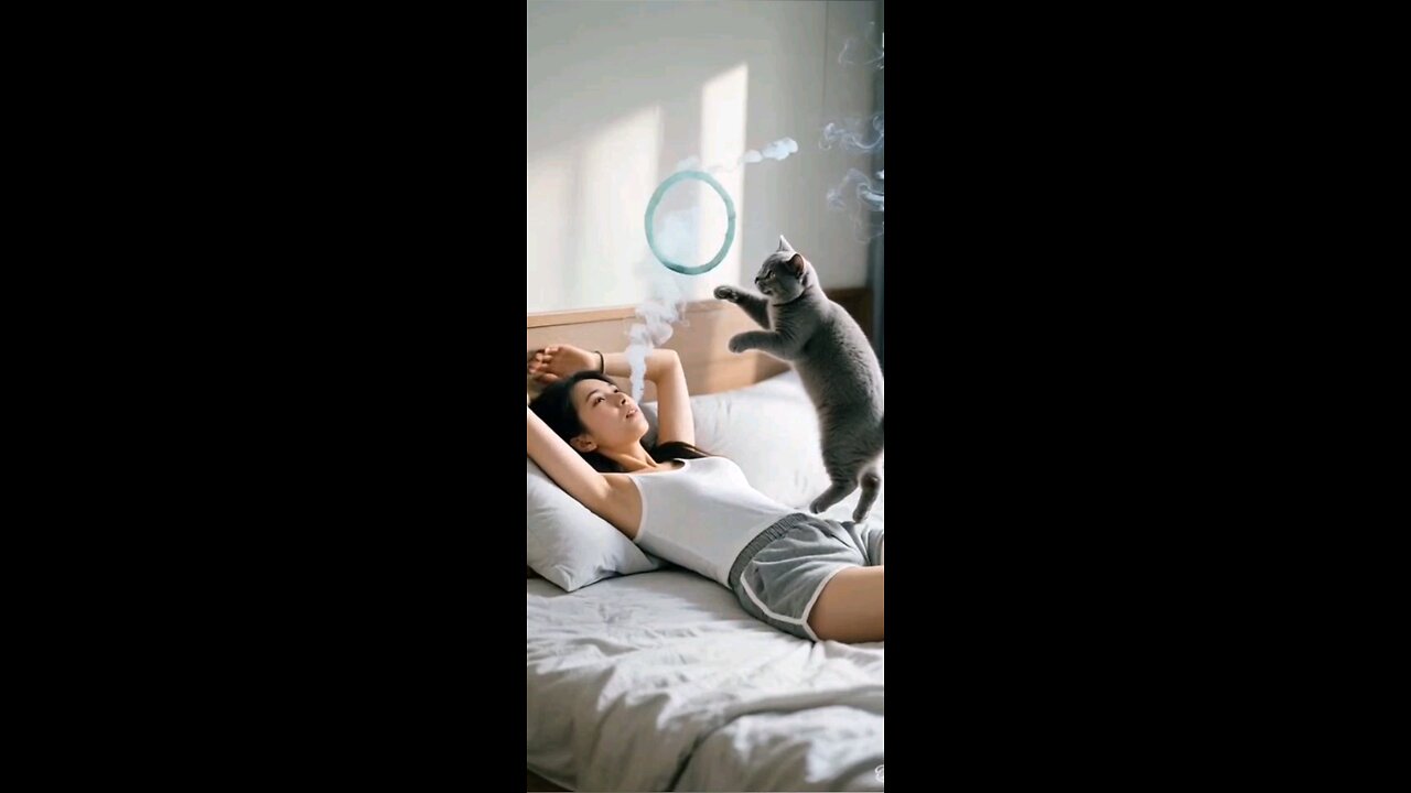 cat jumps through a smoke ring