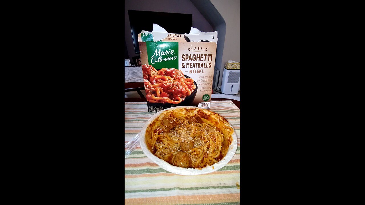 Eating Marie Callender's Classic Spaghetti & Meatballs Bowl Dbn, MI, 3/25/25