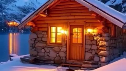 Snowy cabin resort.