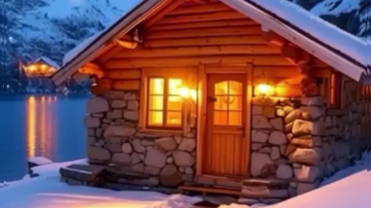 Snowy cabin resort.